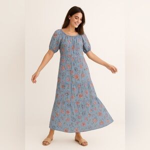 LOFT Floral Print Maxi Dress in Blue and Pink Puff Sleeve - Size L